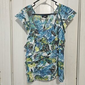AGB Abstract Ruffled Short Sleeve Lightweight Scoop Neck Top Large